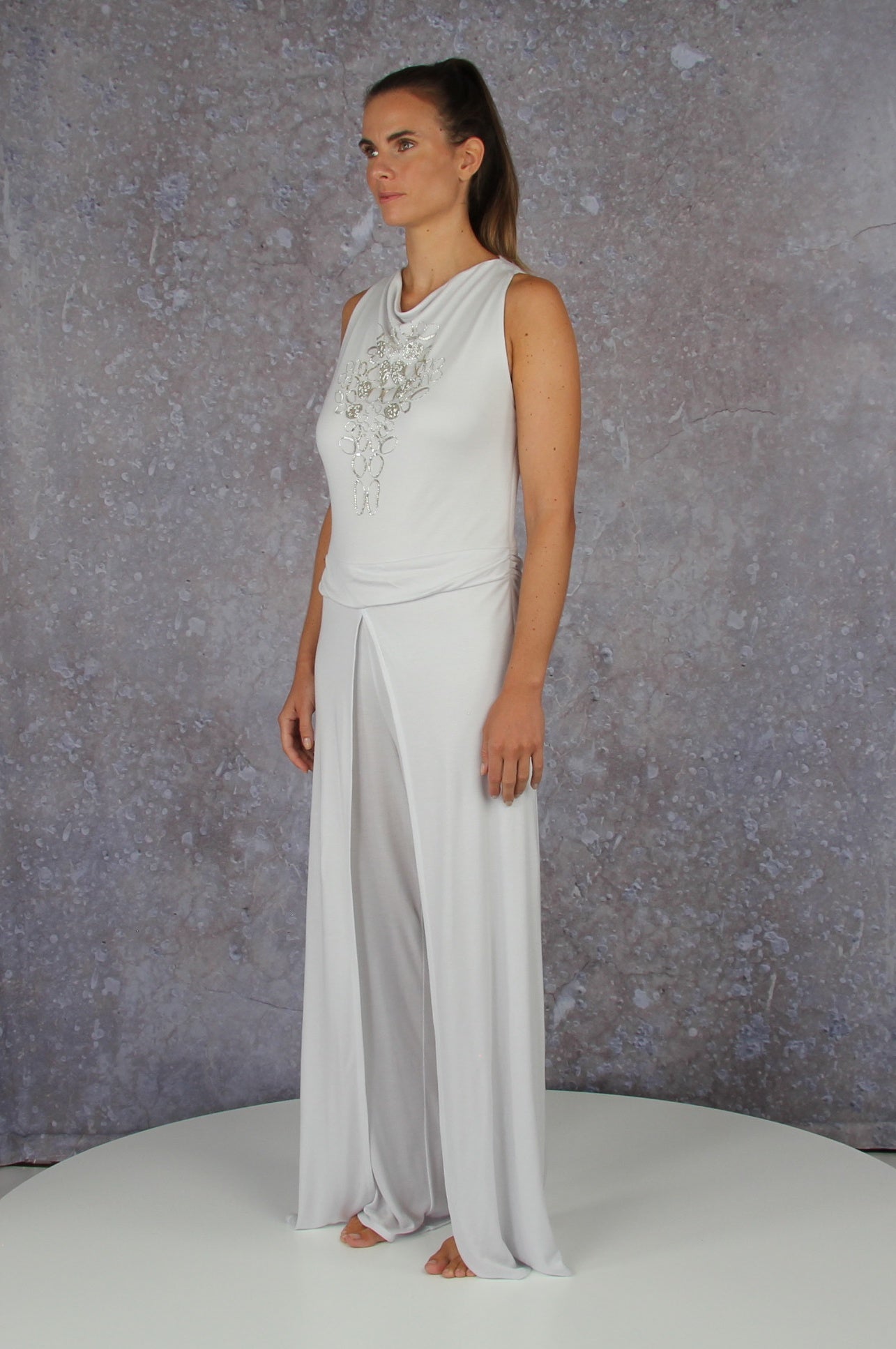 Soft falling jumpsuit with an embroidered waterfall collar