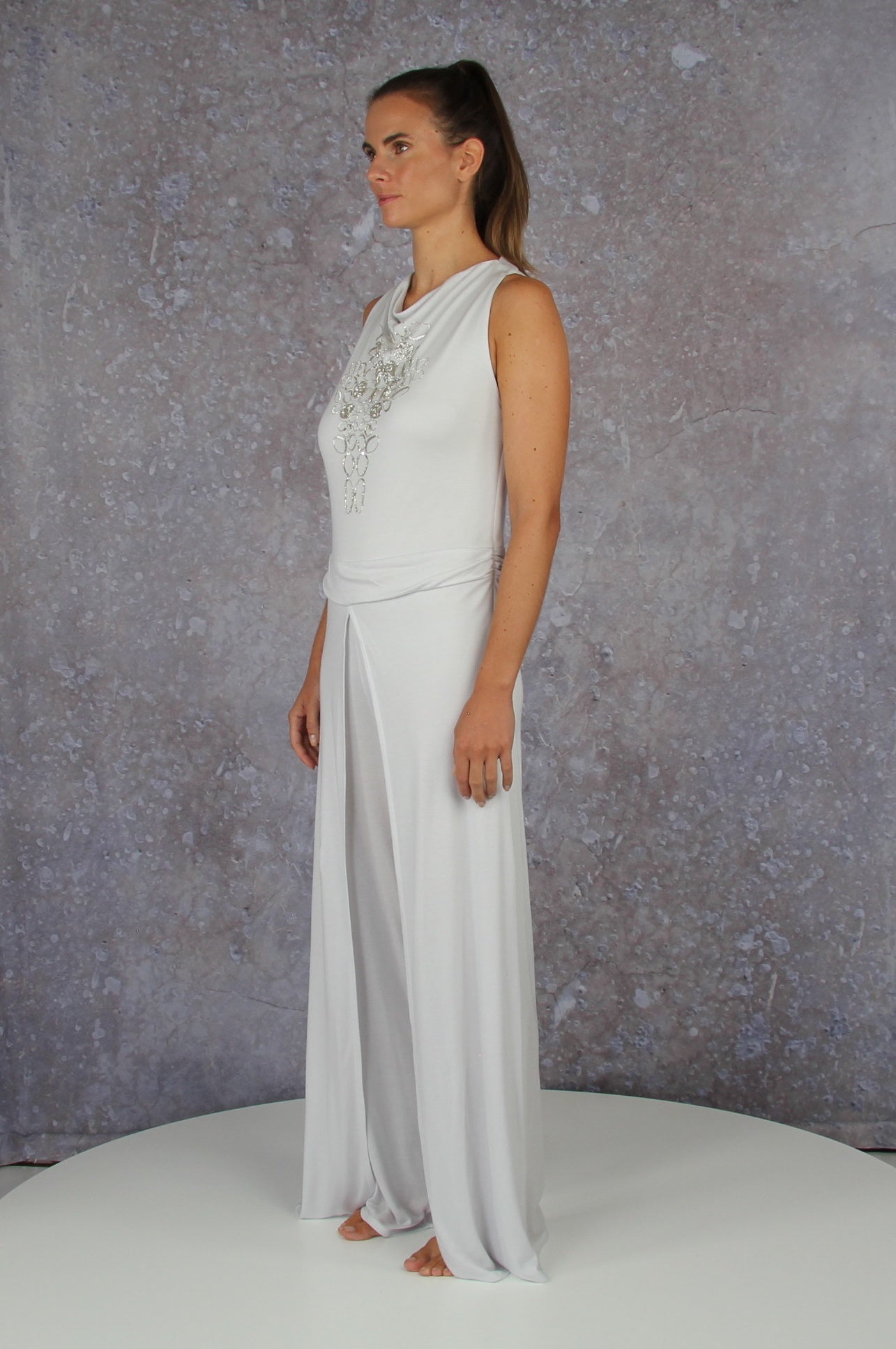 Soft falling jumpsuit with an embroidered waterfall collar