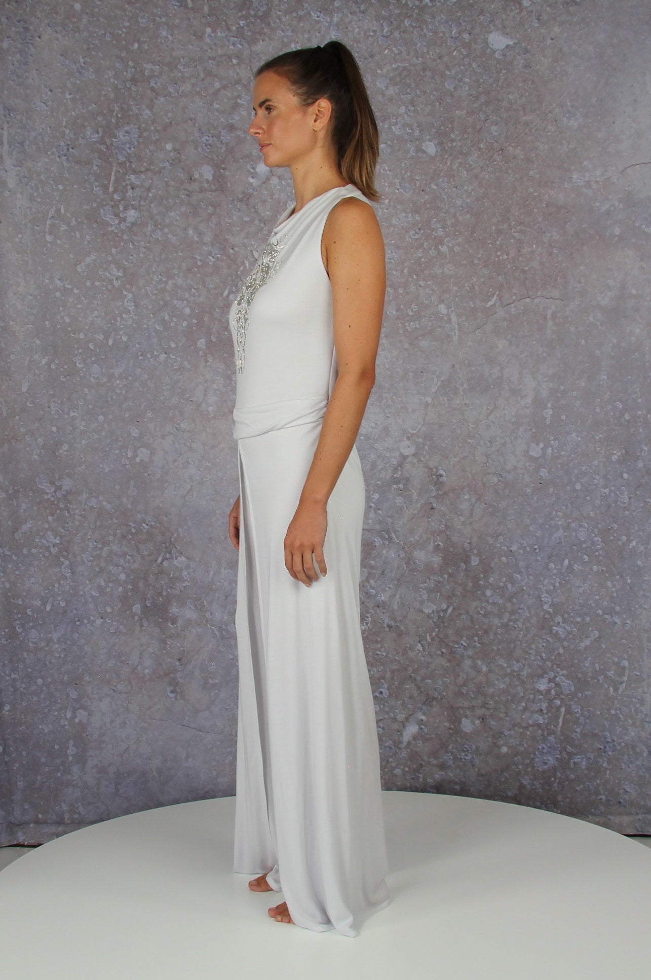 Soft falling jumpsuit with an embroidered waterfall collar