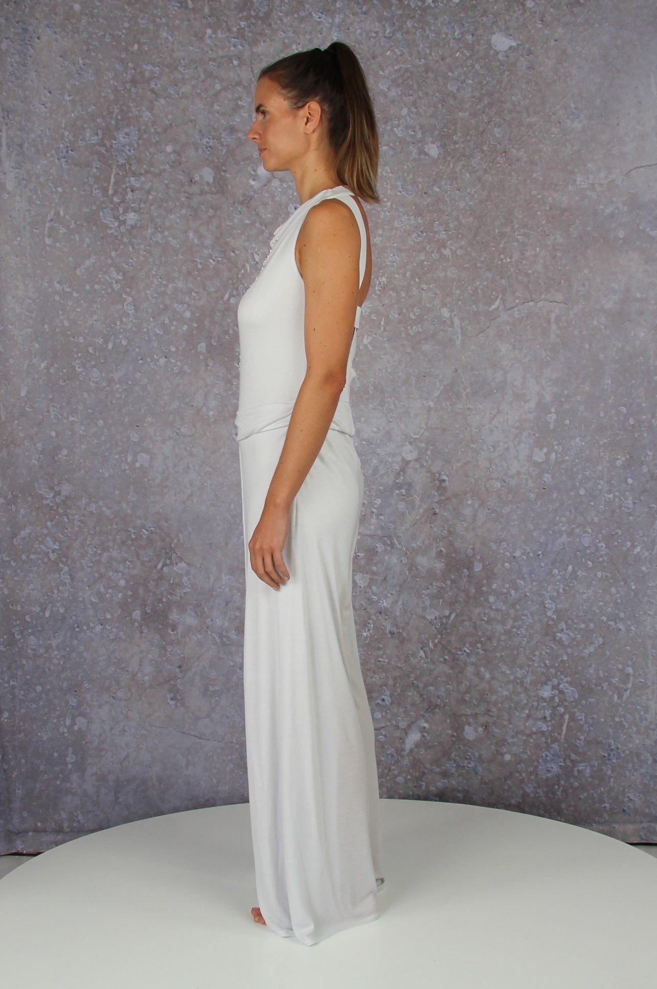Soft falling jumpsuit with an embroidered waterfall collar