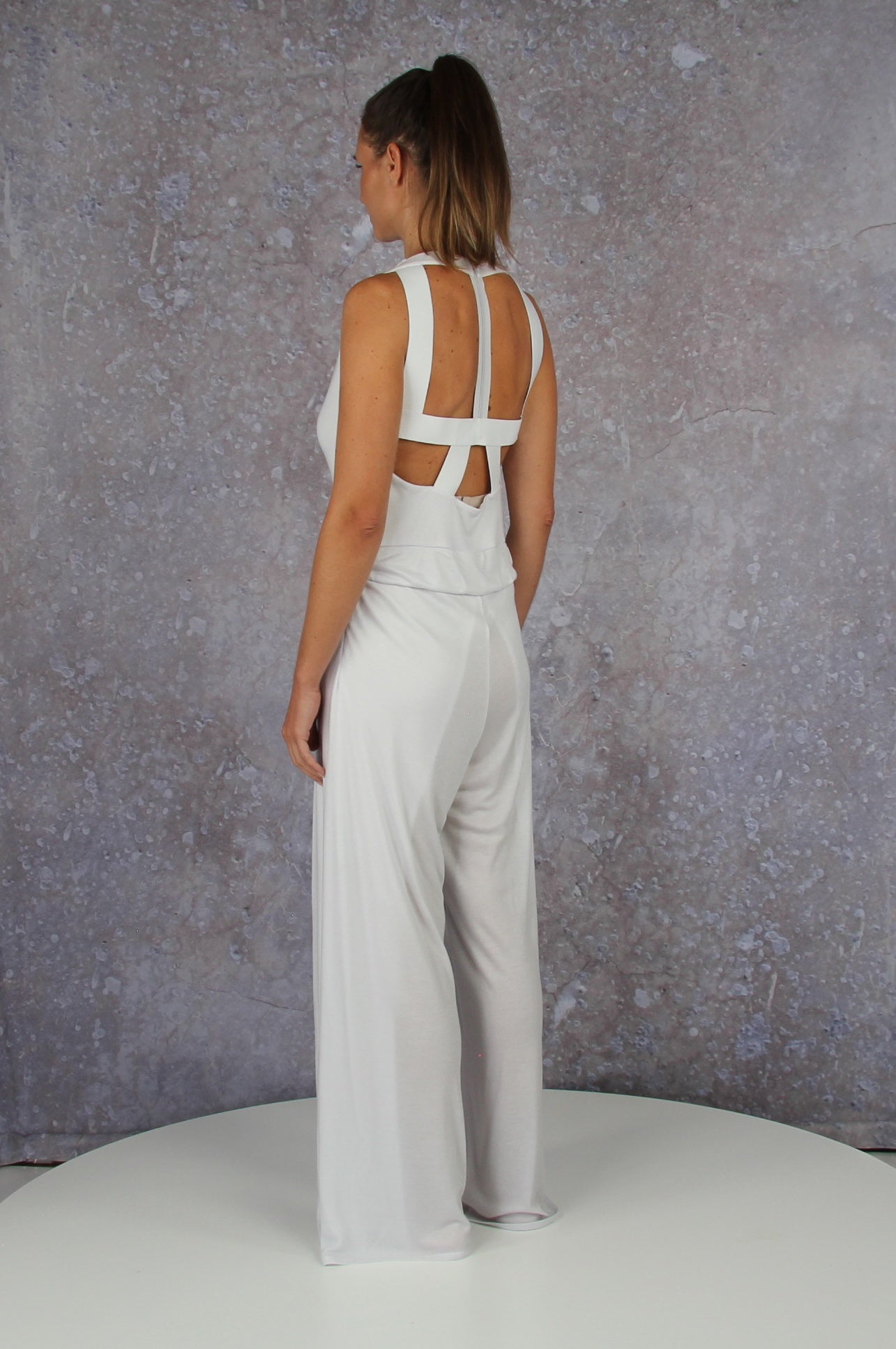 Soft falling jumpsuit with an embroidered waterfall collar