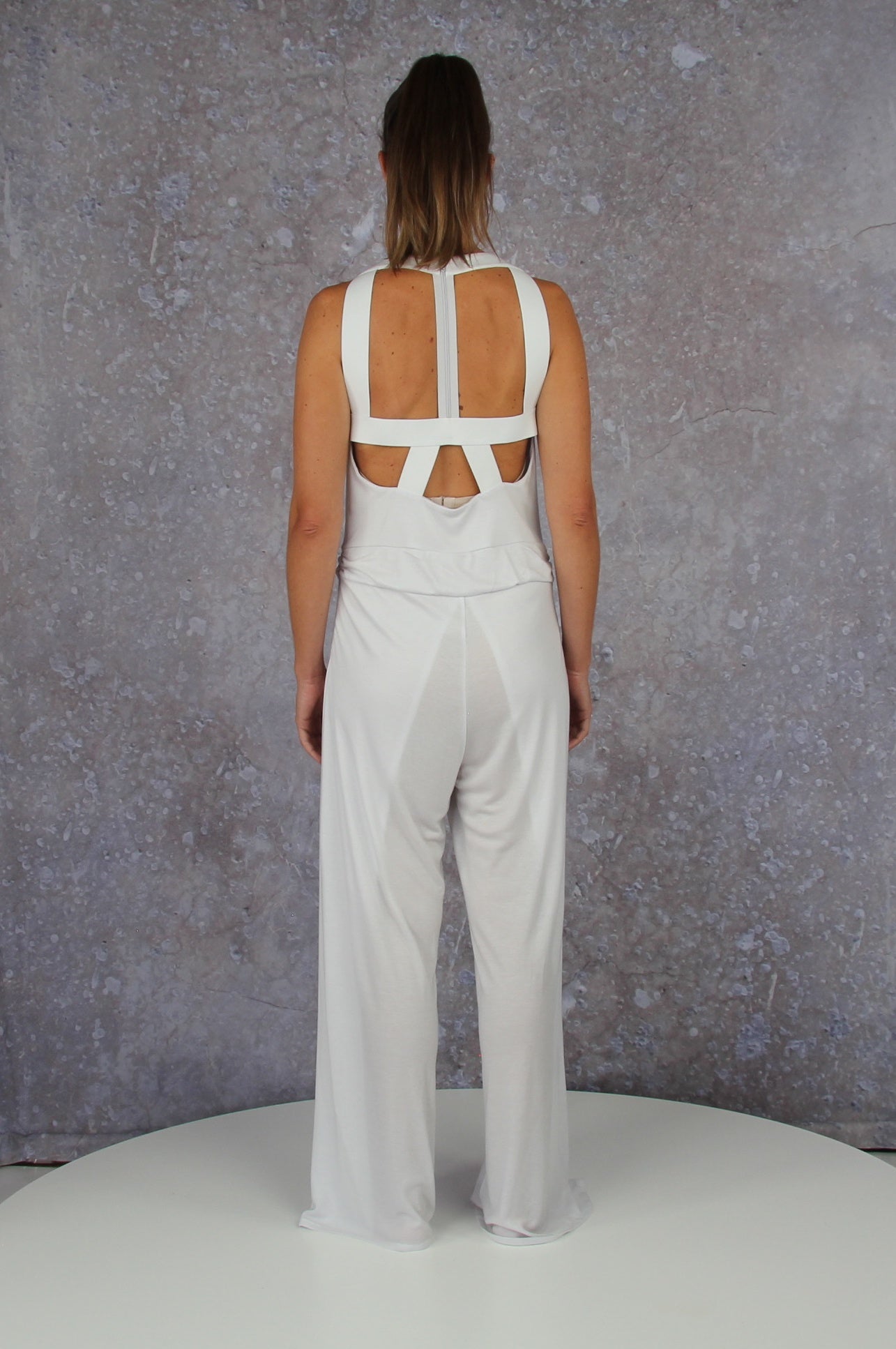 Soft falling jumpsuit with an embroidered waterfall collar