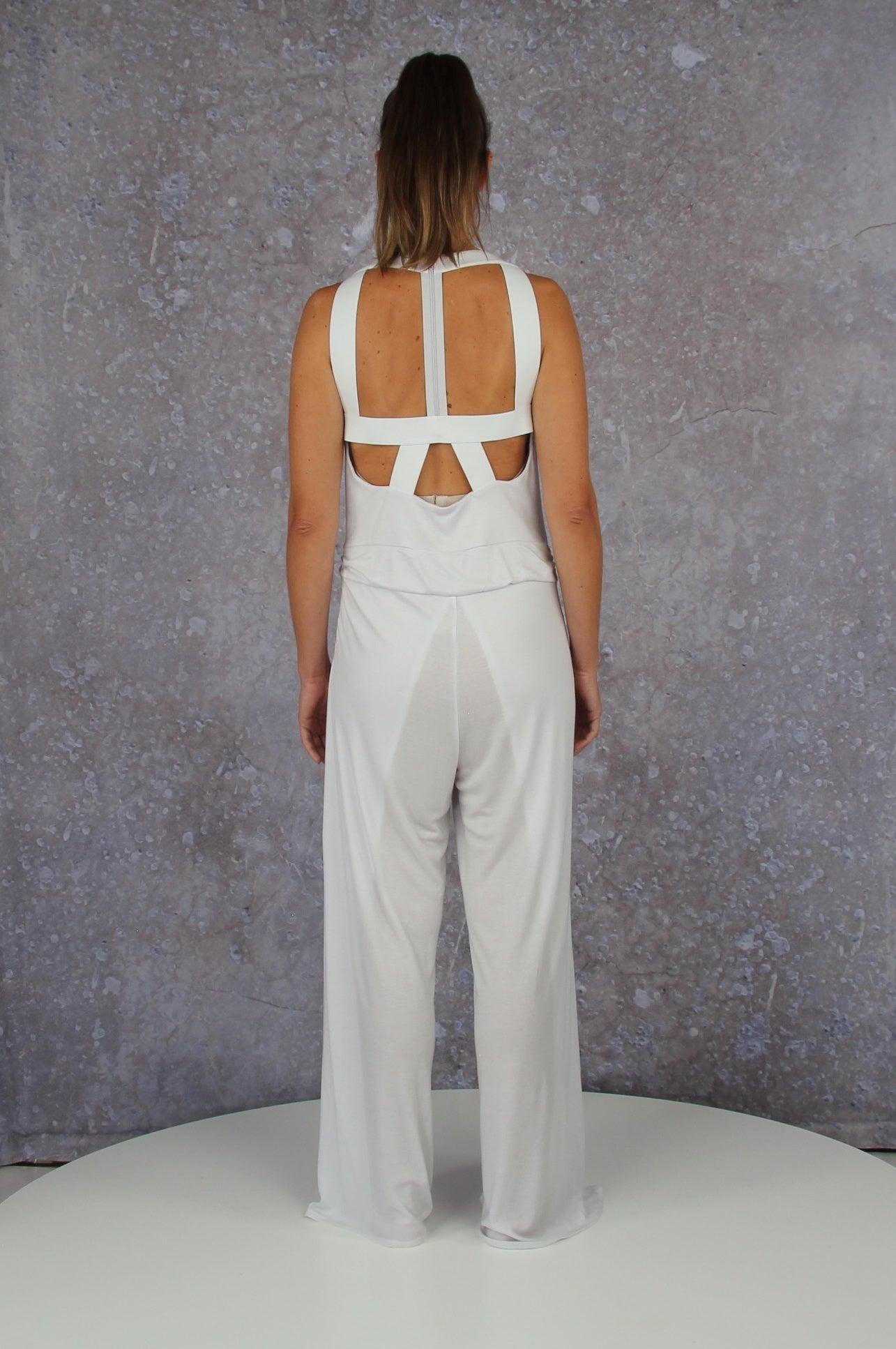 Soft falling jumpsuit with an embroidered waterfall collar