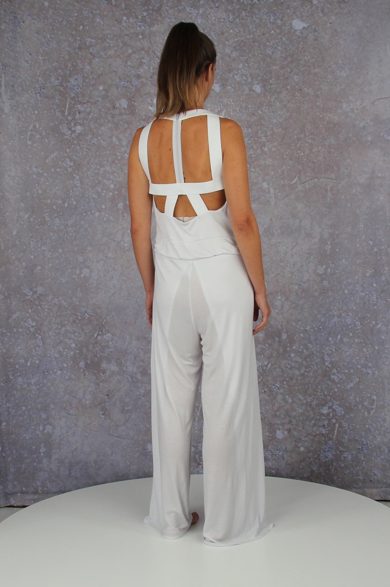 Soft falling jumpsuit with an embroidered waterfall collar