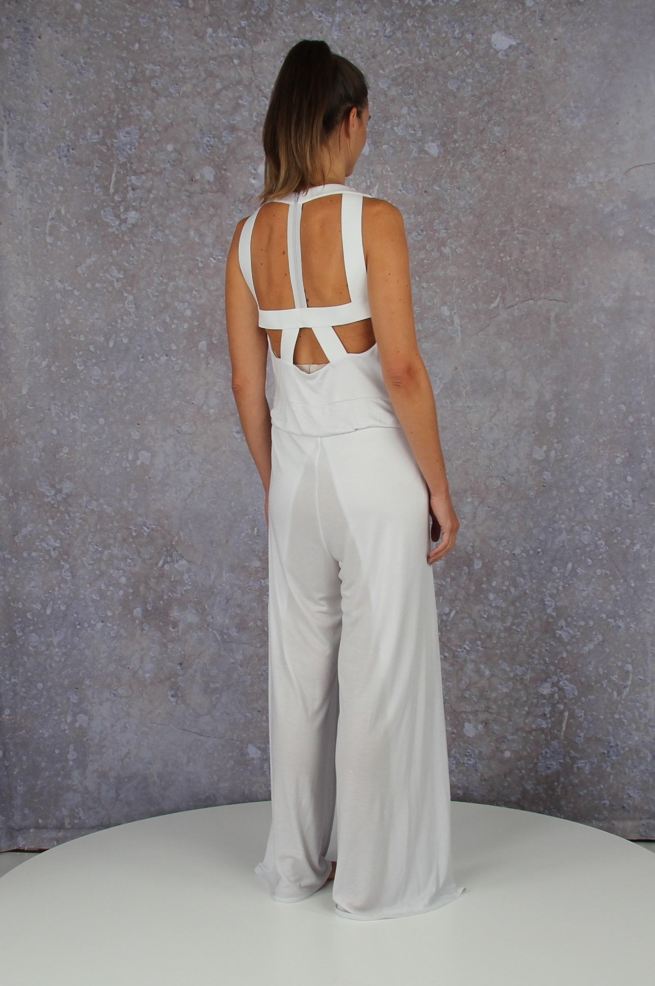 Soft falling jumpsuit with an embroidered waterfall collar