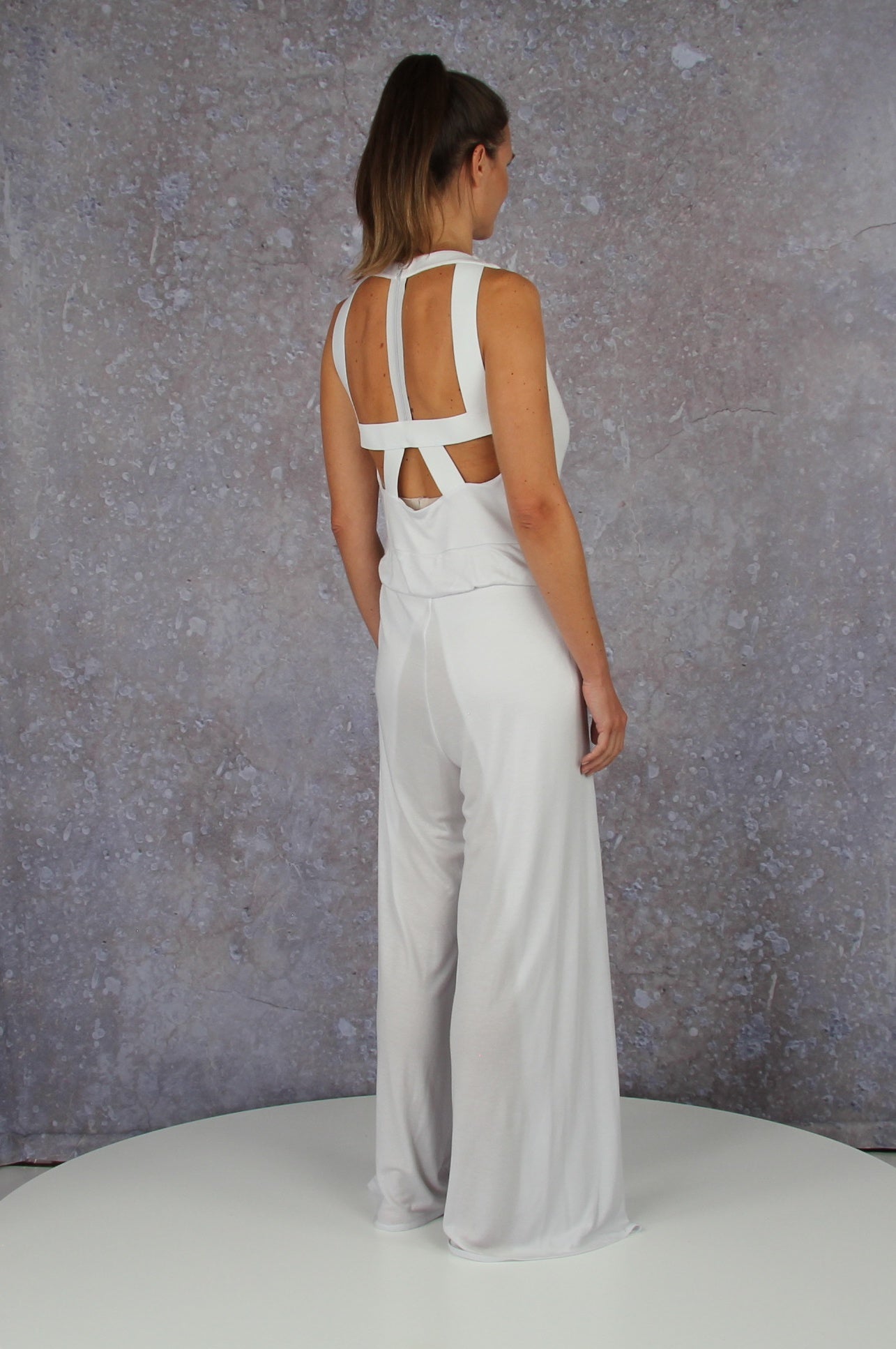 Soft falling jumpsuit with an embroidered waterfall collar
