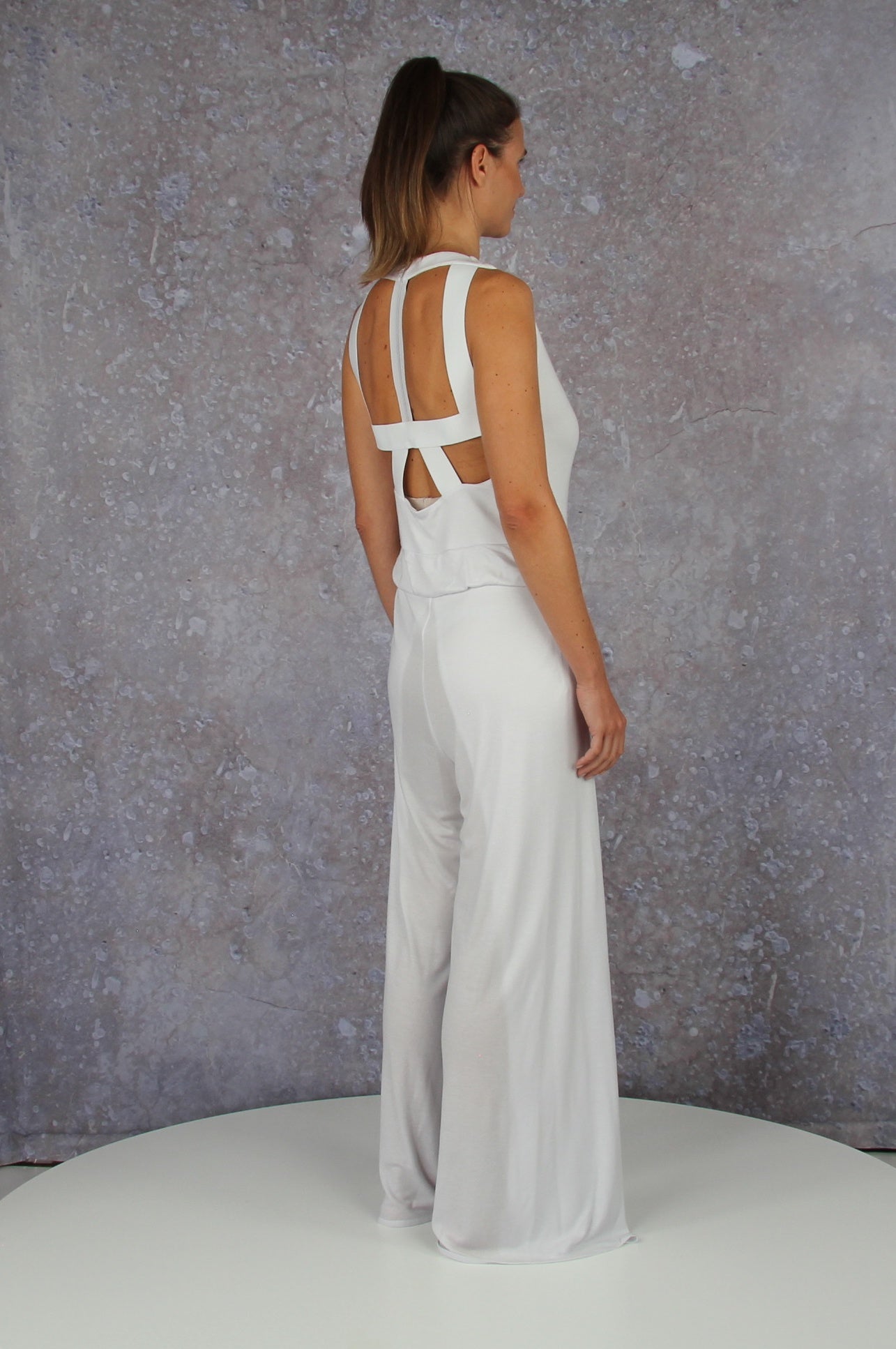 Soft falling jumpsuit with an embroidered waterfall collar